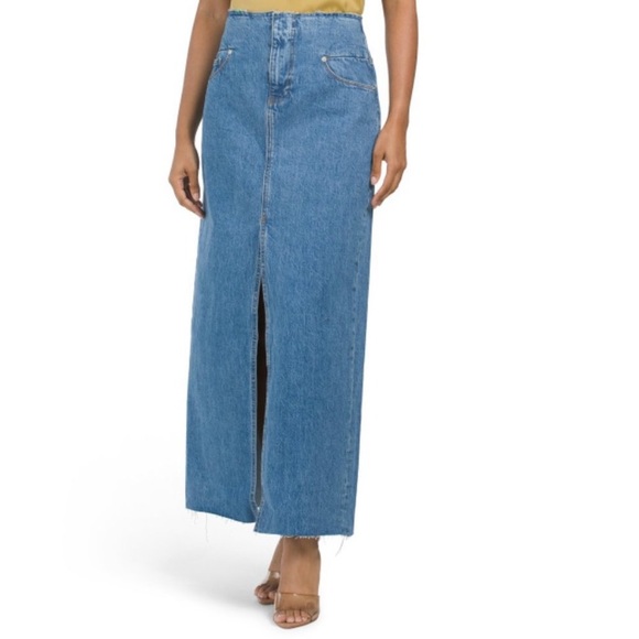 FRAME Sea Cut Off Waist Maxi Jean Denim Skirt Raw Hem Blue Front Slit - Picture 2 of 10